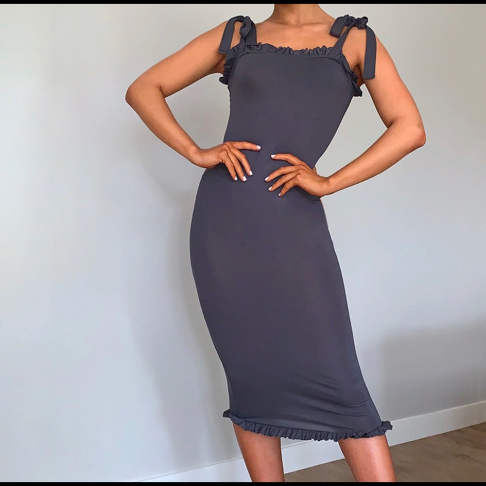 Charcoal Tie Shoulder Frill Midi Dress